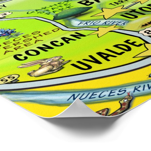 Texas Hill Country Cartoon Map Poster (Ecke)