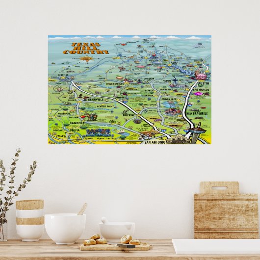 Texas Hill Country Cartoon Map Poster (Küche)