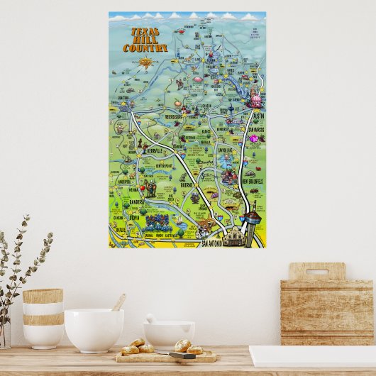 Texas Hill Country Cartoon Map Poster (Küche)