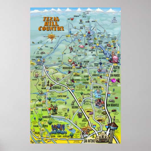 Texas Hill Country Cartoon Map Poster (Vorne)