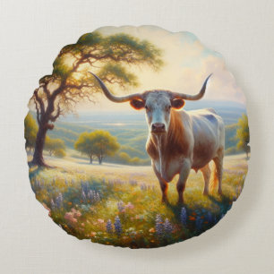Texas-Langhornkuh Rundes Kissen