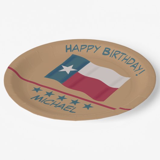 Texas Lone Star Flaggen Tan Name Personalize Birth Pappteller (Schrägansicht)
