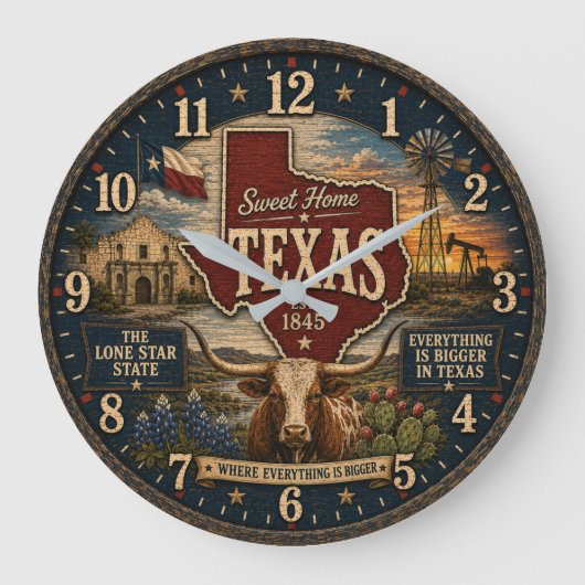 Texas Lone Star State RusticGift for Home Ranch Große Wanduhr (Vorderseite)