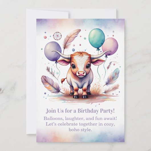 Texas Long Calf Birthday Invitation Pastel Boho Einladung (Vorderseite)