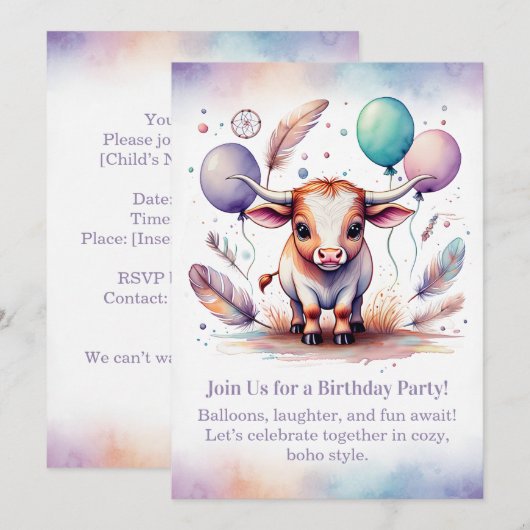 Texas Long Calf Birthday Invitation Pastel Boho  Einladung (Vorne/Hinten)
