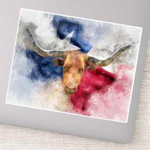 Texas Longhorn Aquarell mit Flaggen-Karten-Kunst Aufkleber