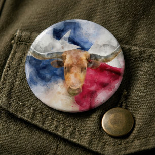Texas Longhorn Aquarell mit Flaggen-Karten-Kunst Button