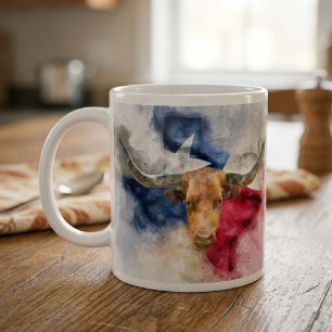 Texas Longhorn Aquarell mit Flaggen-Karten-Kunst Kaffeetasse