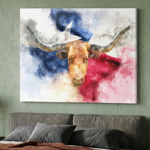 Texas Longhorn Aquarell mit Flaggen-Karten-Kunst Leinwanddruck