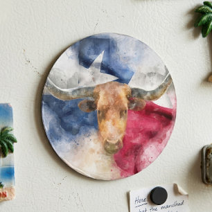 Texas Longhorn Aquarell mit Flaggen-Karten-Kunst Magnet