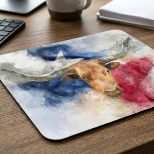 Texas Longhorn Aquarell mit Flaggen-Karten-Kunst Mousepad