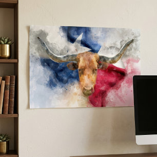 Texas Longhorn Aquarell mit Flaggen-Karten-Kunst Poster