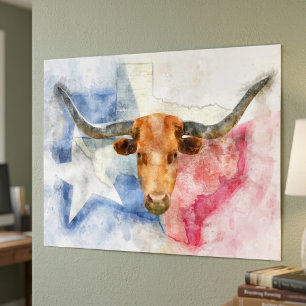 Texas Longhorn Kuh und Flagge Wasserfarben-Kunstwe Fotodruck