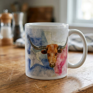 Texas Longhorn Kuh und Flagge Wasserfarben-Kunstwe Kaffeetasse