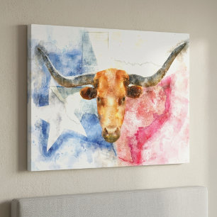 Texas Longhorn Kuh und Flagge Wasserfarben-Kunstwe Leinwanddruck