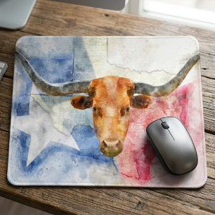Texas Longhorn Kuh und Flagge Wasserfarben-Kunstwe Mousepad