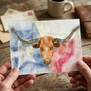 Texas Longhorn Kuh und Flagge Wasserfarben-Kunstwe Postkarte