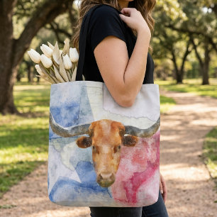 Texas Longhorn Kuh und Flagge Wasserfarben-Kunstwe Tasche