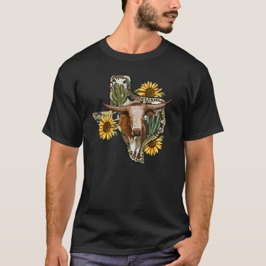 Texas Map Leopard Sunflower Western Texas Cow Long T-Shirt (Vorderseite)