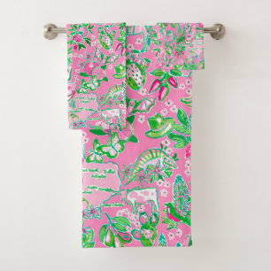 Texas Map Pink & Green Preppy Muster Badhandtuch Set