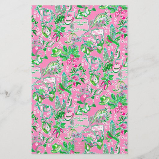 Texas Map Pink & Green Preppy Muster Mit Monogramm Briefpapier (Rückseite)
