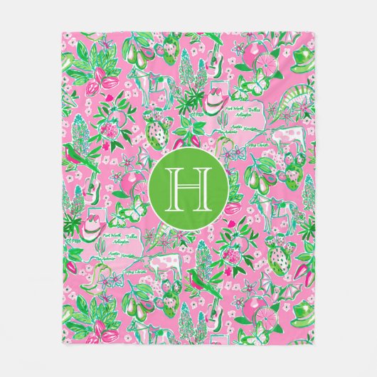 Texas Map Pink & Green Preppy Muster Mit Monogramm Fleecedecke (Vorderseite)