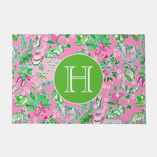 Texas Map Pink & Green Preppy Muster Mit Monogramm Fußmatte (Vorderseite)
