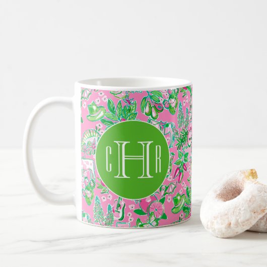 Texas Map Pink & Green Preppy Muster Mit Monogramm Kaffeetasse (Mit Donut)