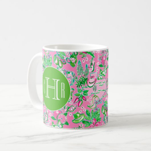 Texas Map Pink & Green Preppy Muster Mit Monogramm Kaffeetasse (Vorderseite Links)