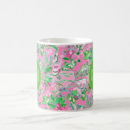 Texas Map Pink & Green Preppy Muster Mit Monogramm Kaffeetasse (Mittel)