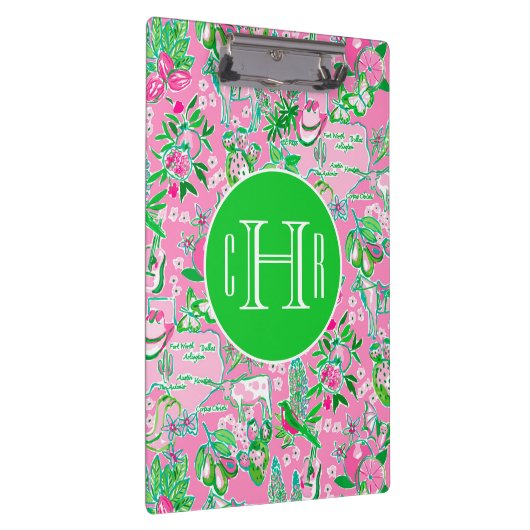 Texas Map Pink & Green Preppy Muster Mit Monogramm Klemmbrett (Rechts)