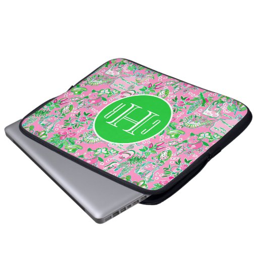 Texas Map Pink & Green Preppy Muster Mit Monogramm Laptopschutzhülle (Vorne Knopf)