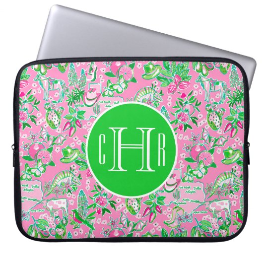 Texas Map Pink & Green Preppy Muster Mit Monogramm Laptopschutzhülle (Vorderseite)