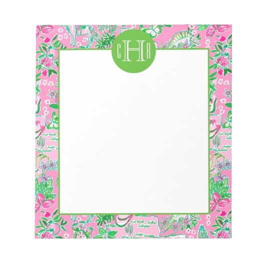 Texas Map Pink & Green Preppy Muster Mit Monogramm Notizblock (Vorderseite)