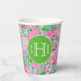 Texas Map Pink & Green Preppy Muster Mit Monogramm Pappbecher