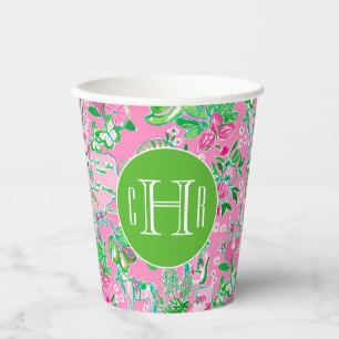 Texas Map Pink & Green Preppy Muster Mit Monogramm Pappbecher