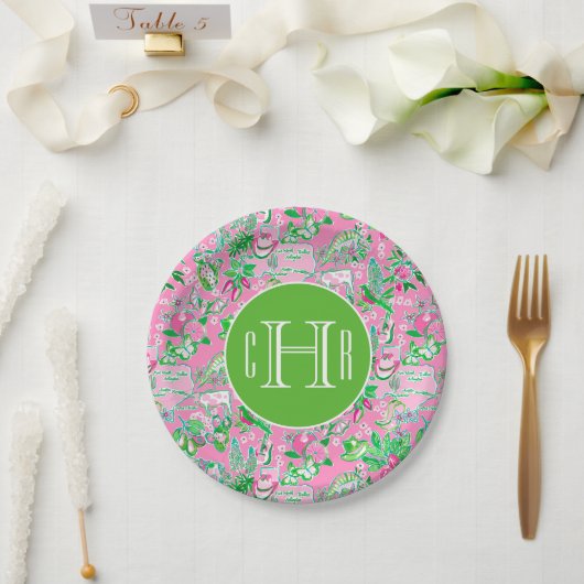 Texas Map Pink & Green Preppy Muster Mit Monogramm Pappteller (Hochzeit)