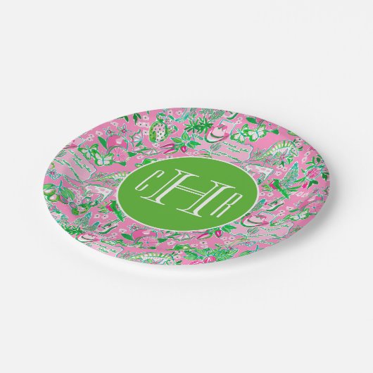 Texas Map Pink & Green Preppy Muster Mit Monogramm Pappteller (Schrägansicht)