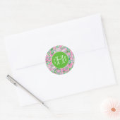 Texas Map Pink & Green Preppy Muster Mit Monogramm Runder Aufkleber (Umschlag)