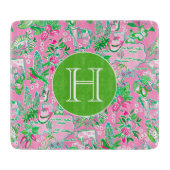 Texas Map Pink & Green Preppy Muster Mit Monogramm Schneidebrett (Vorderseite)