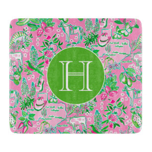 Texas Map Pink & Green Preppy Muster Mit Monogramm Schneidebrett