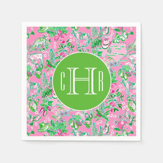 Texas Map Pink & Green Preppy Muster Mit Monogramm Serviette (Vorderseite)