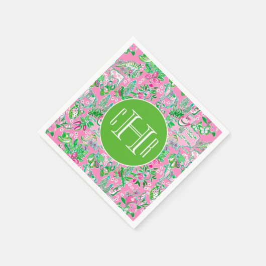 Texas Map Pink & Green Preppy Muster Mit Monogramm Serviette (Ecke)