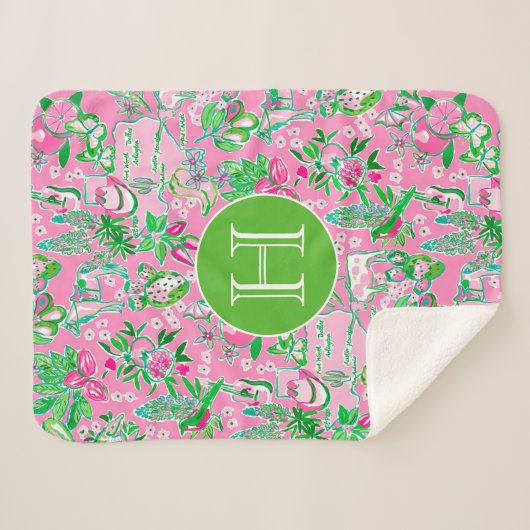 Texas Map Pink & Green Preppy Muster Mit Monogramm Sherpadecke (Vorderseite (Horizontal))