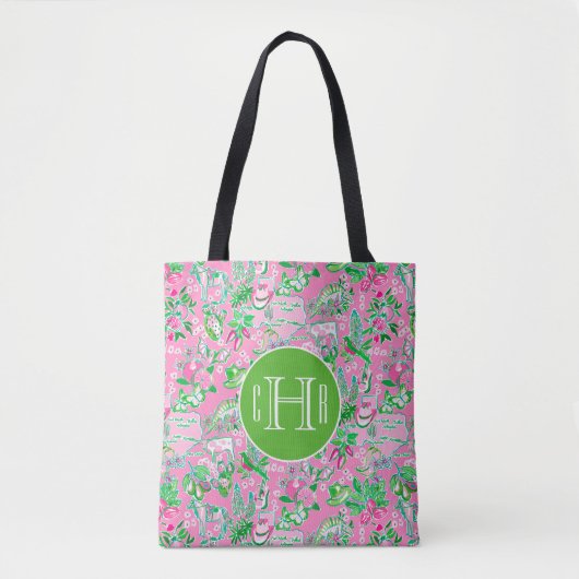 Texas Map Pink & Green Preppy Muster Monogram Tasche (Vorderseite)