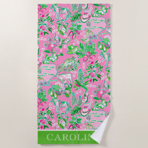 Texas Map Pink & Green Preppy Muster Personalisier Strandtuch