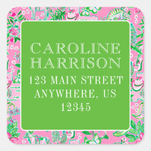Texas Map Pink & Green Preppy Muster Quadratischer Aufkleber