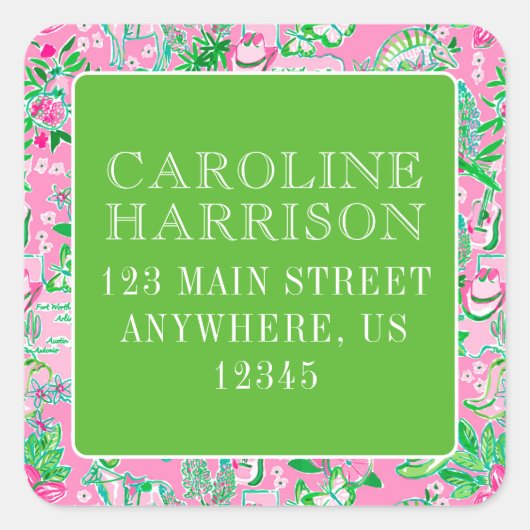 Texas Map Pink & Green Preppy Muster Quadratischer Aufkleber (Vorderseite)