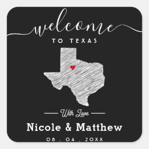 Texas Minimalistisch Texan Map Wedding Willkommen Quadratischer Aufkleber