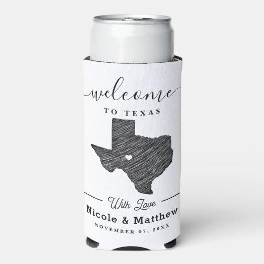 Texas Minimalistisch Texan Map Wedding Willkommen Selters Dosenkühler (Seltzer Vorderseite)
